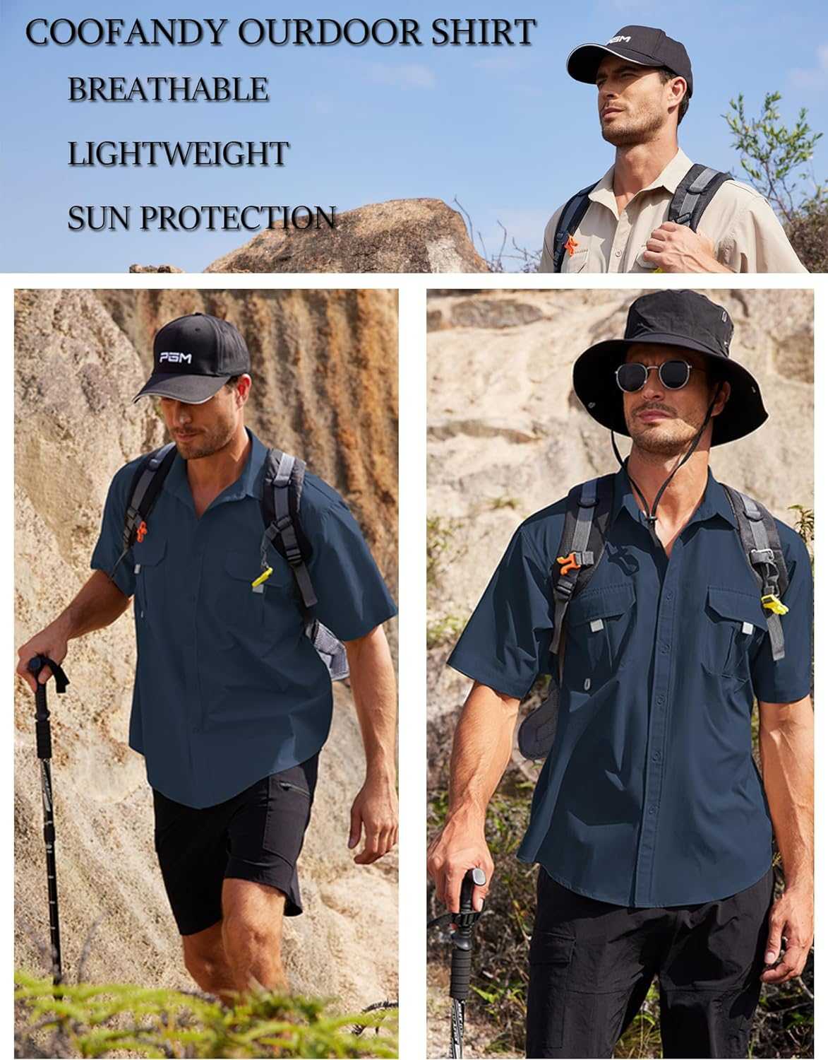 Men's hiking and fishing shirt, breathable, lightweight, UPF sun protection, survival gear.