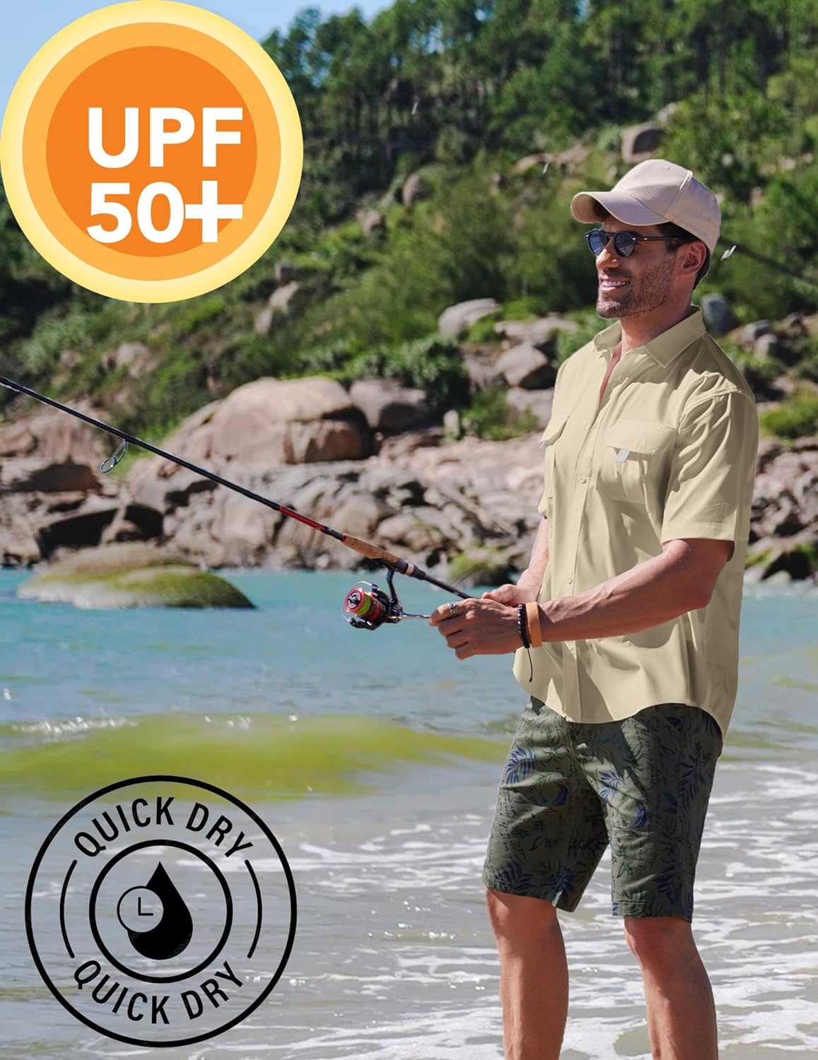 Men's UPF 50+ hiking and fishing shirt for outdoor survival gear, quick-dry, ideal for sun protection.