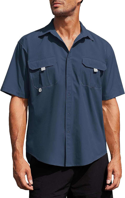 Men's UPF UV hiking fishing shirt by Reltek, short sleeve, breathable, suitable for outdoor survival gear.