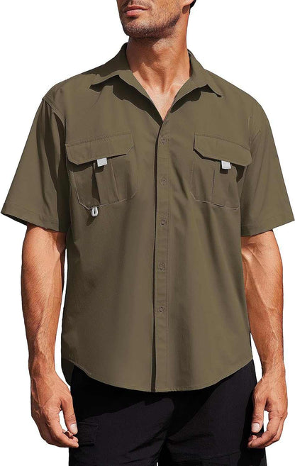 Men's UPF 50+ hiking fishing shirt, lightweight and breathable, ideal for outdoor survival gear.