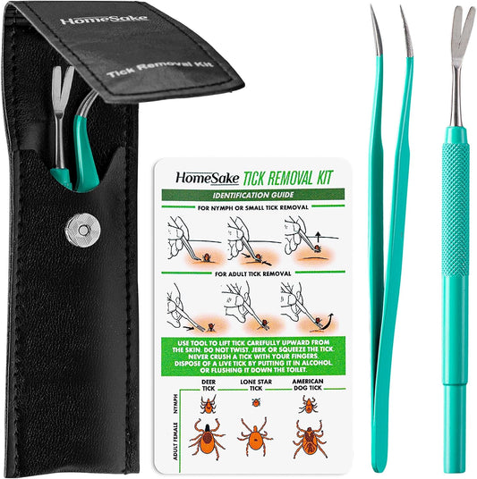 Home Sake Tick Remover Tool and Tweezer Set for Humans - Pets, Stainless Steel Cat and Dog Tick Removal Kit with Storage Pouch, Safe Tic Control Puller for Complete Removal of Big and Small Ticks