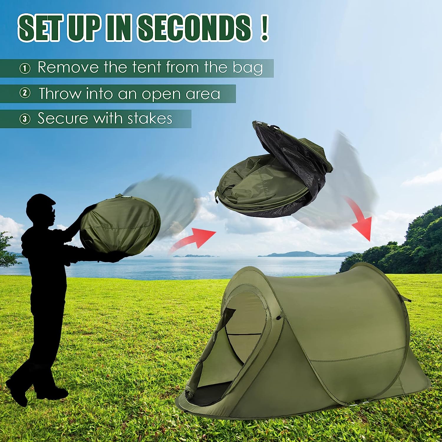 Automatic Instant Portable Tent, Pop Up Camping Tent, Suitable for 1-2 Person, 2 Doors and Side Windows with Carry Bag, Instant Pop up Beach Tent