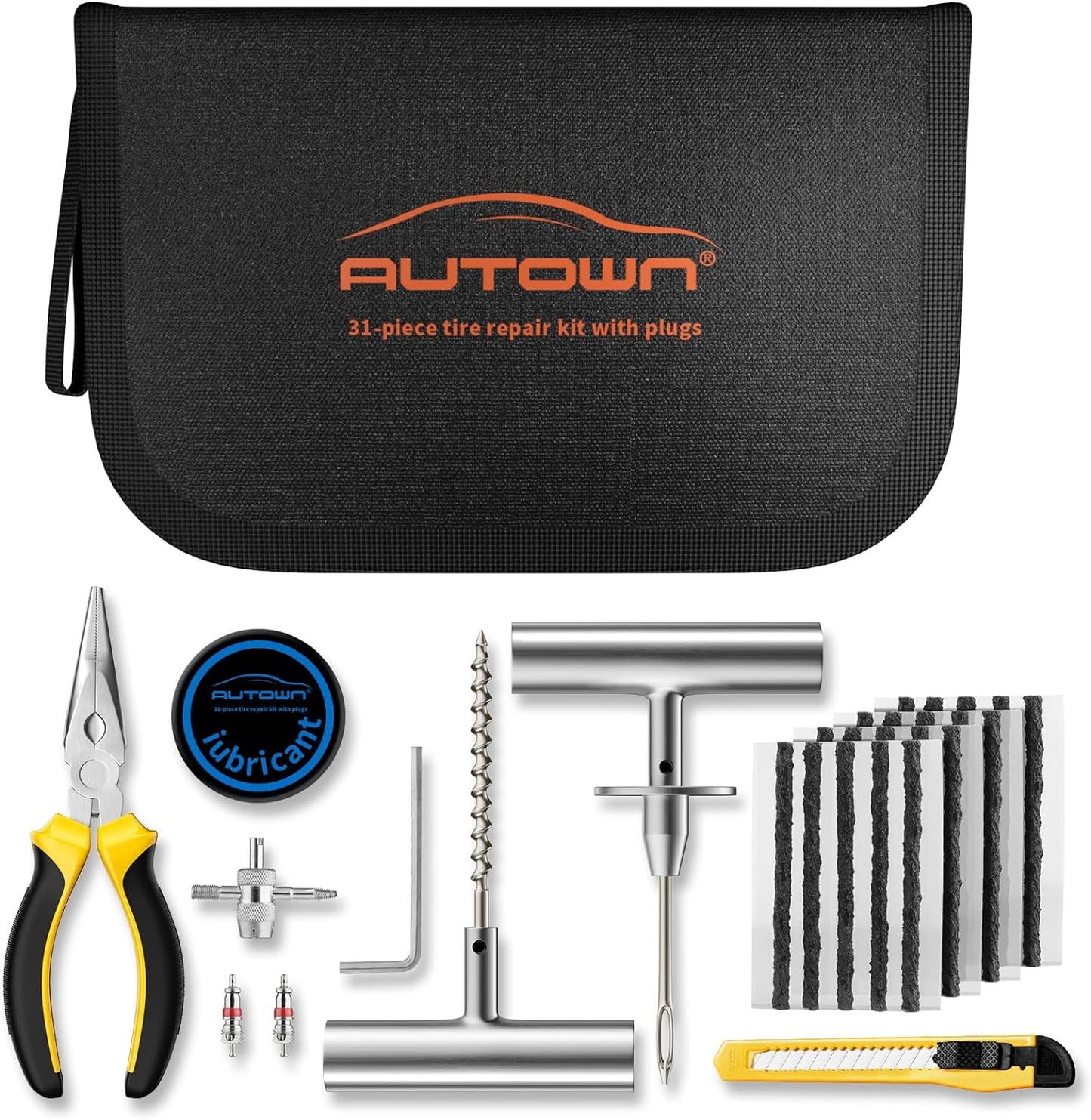 AUTOWN Flat Tire Repair Kit with Plugs 31 Pcs for Car, Motorcycle, ATV, Jeep, Truck, Tractor Flat Tire Puncture Repair…