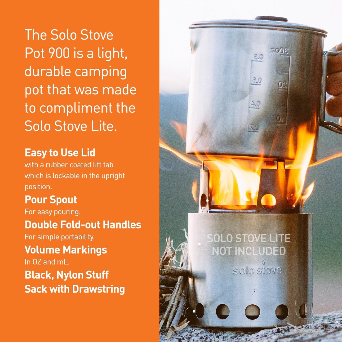 Solo Stove Solo Pot 900 - Lightweight Stainless Steel Backpacking Pot | Boil Water Quickly | Volume Markings and Pour Spout