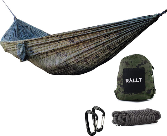 RALLT Camping Hammock & Carabiners - Portable Set Includes Durable Hammock Made w/Ripstop Parachute Nylon, Ultralight 12 kN Carabiners & 20ft of Rope- Outdoor Gear for Hiking, Backpacking & Survival