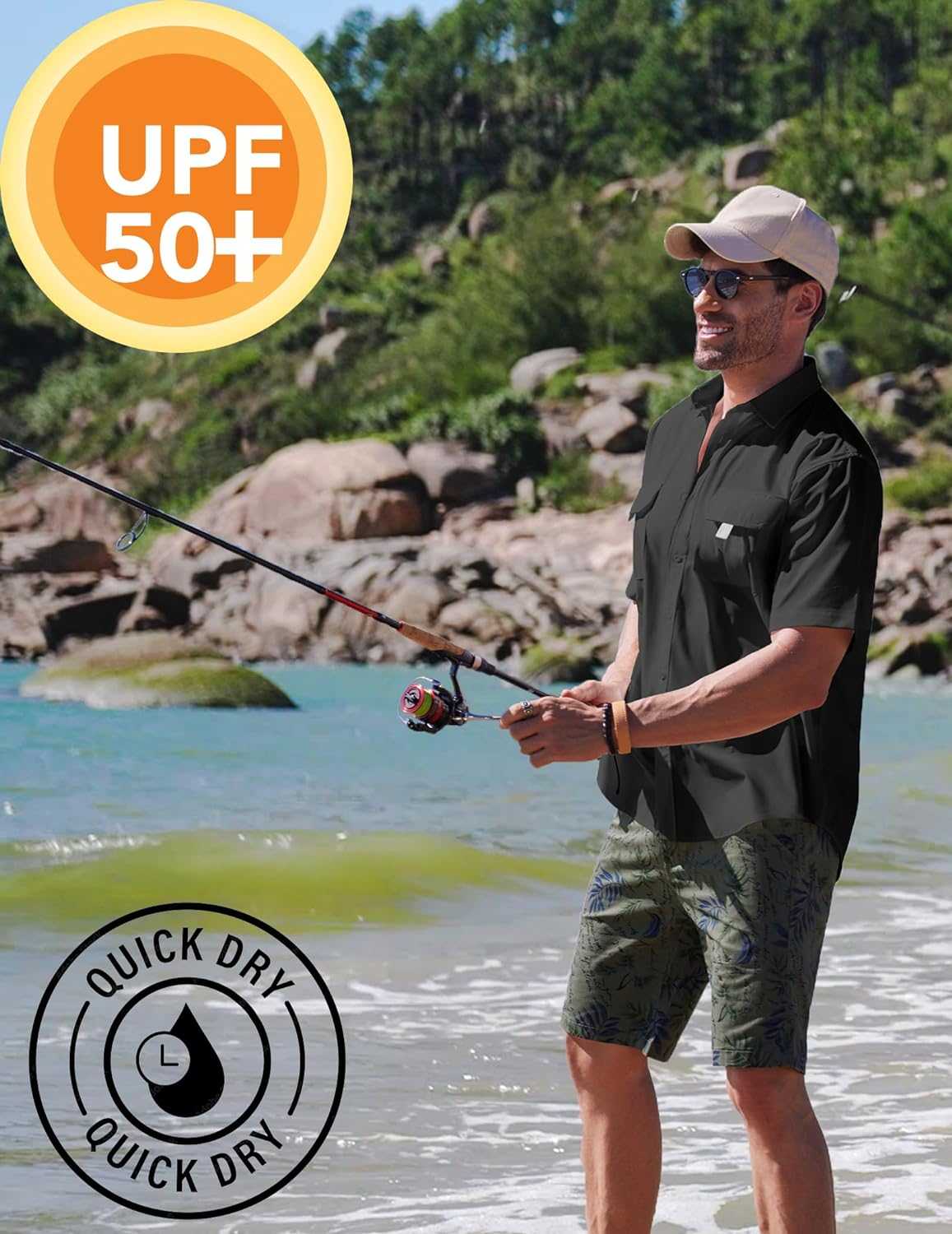 Men's UPF 50+ hiking fishing shirt, survival gear, quick-dry fabric, outdoor adventurer fishing by the beach.