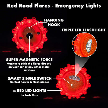 Magnetic Emergency LED Road Flares Warning Kit | Car Roadside Safety Lights | Up to 1.5 Mile Flashing View | 4 Red Light Beacon Disk & 1 Working Flashlight | For Vehicle, Boat, Truck, Flood & More