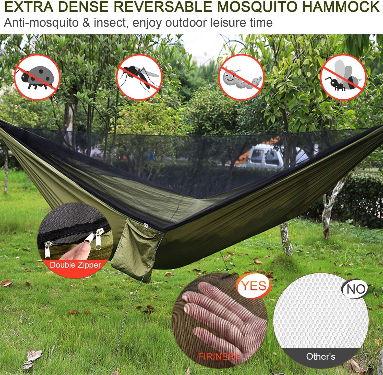 FIRINER Camping Hammock with Rainfly Tarp & Mosquito Net Portable Single Double Hammock Tent with Tree Strap Outdoor Hammock Set for Backpacking, Outdoor & Hiking
