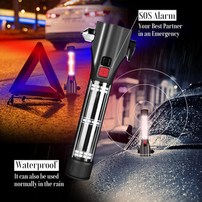 Unicumoo Solar Powered Car Safety Hammer Flashlight with Seatbelt Cutter, LED High Lumens, Red and Blue SOS Flashing, USB Charging, Magnetic Attraction, Portable Design