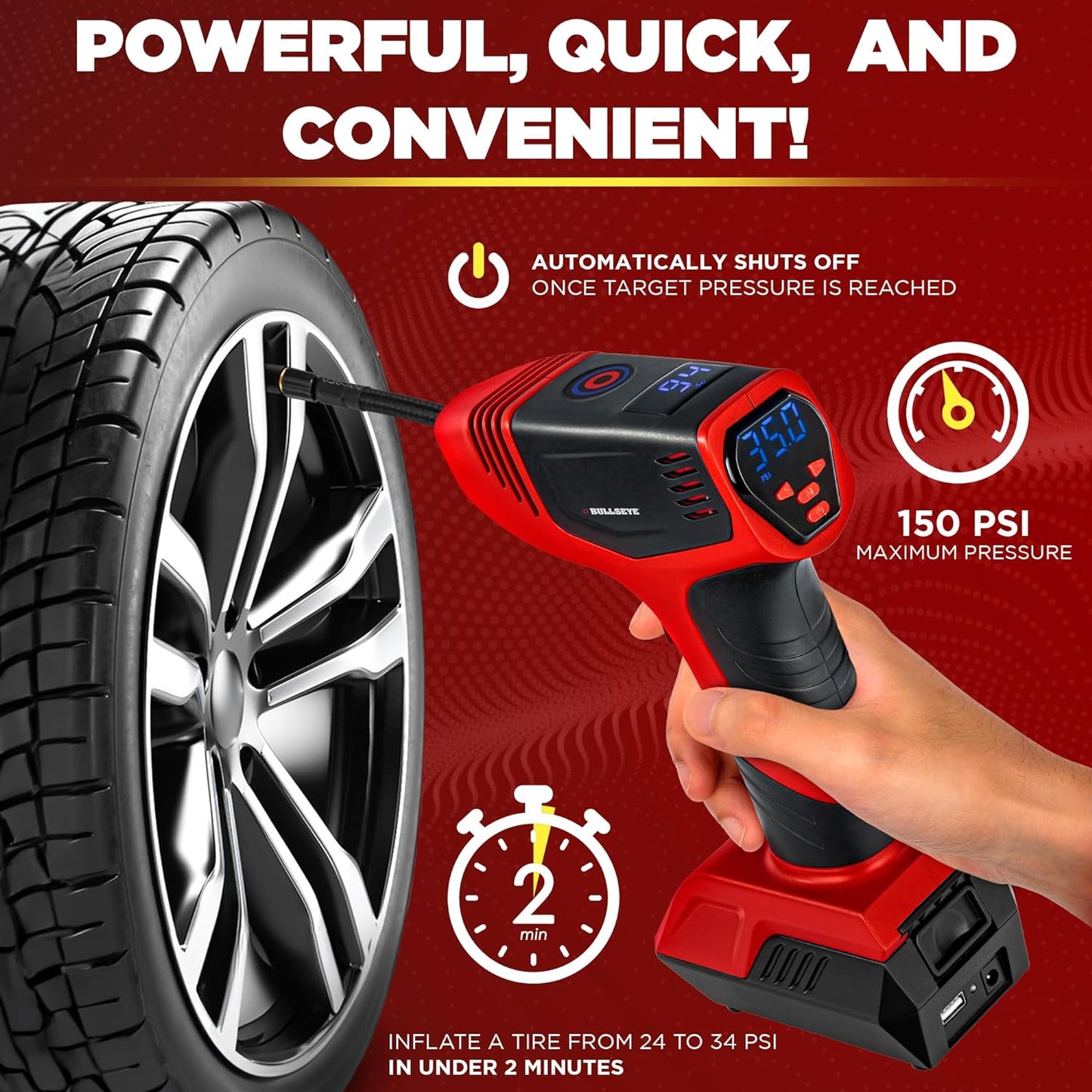 Bullseye Pro Digital Tire Inflator ASON TV Car Tire Air Pump Compressor Automatic 150 PSI w/Gauge Display Screen & Pre-set Pressure in KPA, PSI, BAR, Kg/cm, Built-in LED Lights, Rechargeable