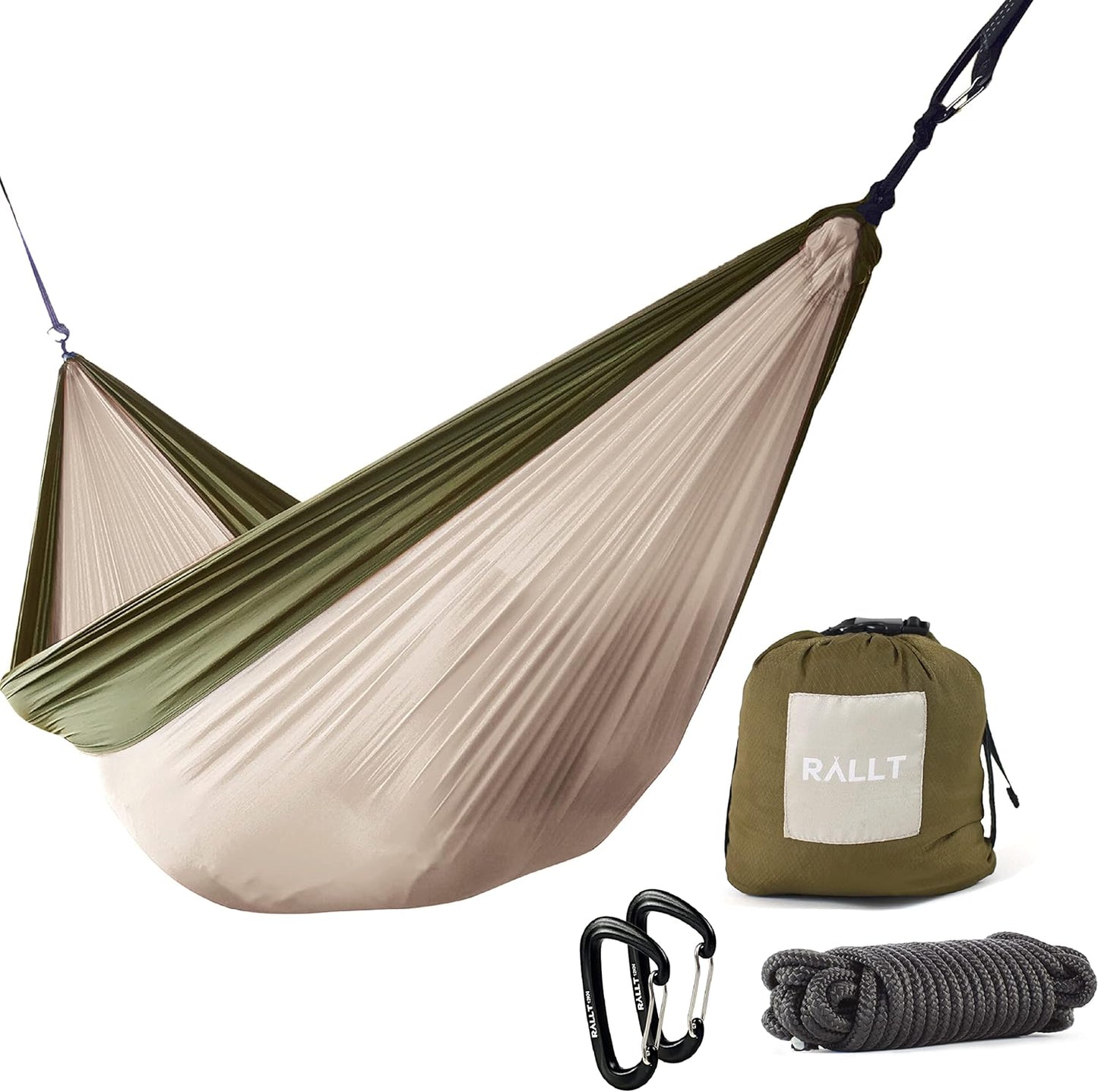 RALLT Camping Hammock & Carabiners - Portable Set Includes Durable Hammock Made w/Ripstop Parachute Nylon, Ultralight 12 kN Carabiners & 20ft of Rope- Outdoor Gear for Hiking, Backpacking & Survival