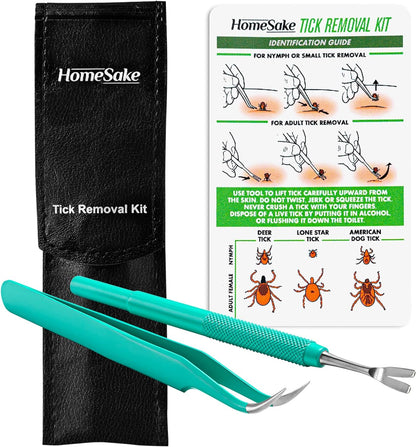 Home Sake Tick Remover Tool and Tweezer Set for Humans - Pets, Stainless Steel Cat and Dog Tick Removal Kit with Storage Pouch, Safe Tic Control Puller for Complete Removal of Big and Small Ticks
