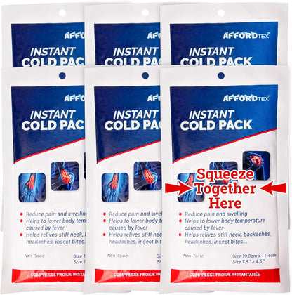 AFFORDTEX Instant Cold Pack 6 Count Disposable 7.5 X 4.5 Inches Ice Packs Must Have Medical Supplies for Outdoor Activities Ice Packs Ideal for Injuries, Inflammation, Sprains, Strains