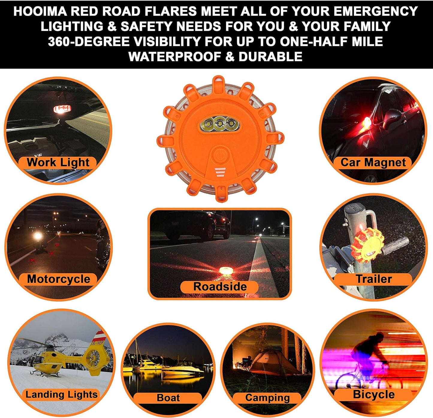 Magnetic Emergency LED Road Flares Warning Kit | Car Roadside Safety Lights | Up to 1.5 Mile Flashing View | 4 Red Light Beacon Disk & 1 Working Flashlight | For Vehicle, Boat, Truck, Flood & More