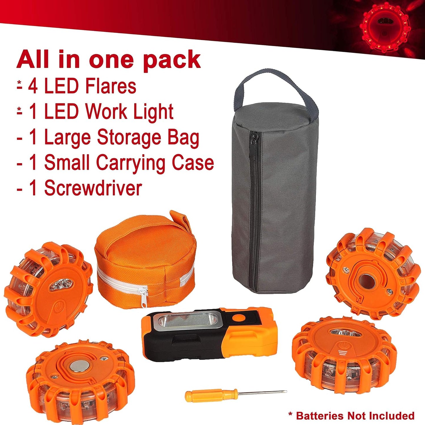Magnetic Emergency LED Road Flares Warning Kit | Car Roadside Safety Lights | Up to 1.5 Mile Flashing View | 4 Red Light Beacon Disk & 1 Working Flashlight | For Vehicle, Boat, Truck, Flood & More