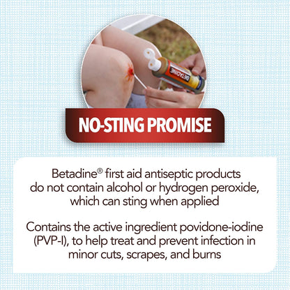 Betadine Antiseptic First Aid Spray, Povidone-iodine 5%, Infection Protection, Kills Germs In Minor Cuts Scrapes And Burns, No Sting Promise, No Alcohol or Hydrogen Peroxide, 3 FL OZ