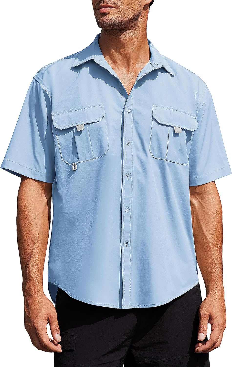 Men's UPF UV hiking fishing shirt by Reltek Ready Gear, short sleeve, blue, survival gear.