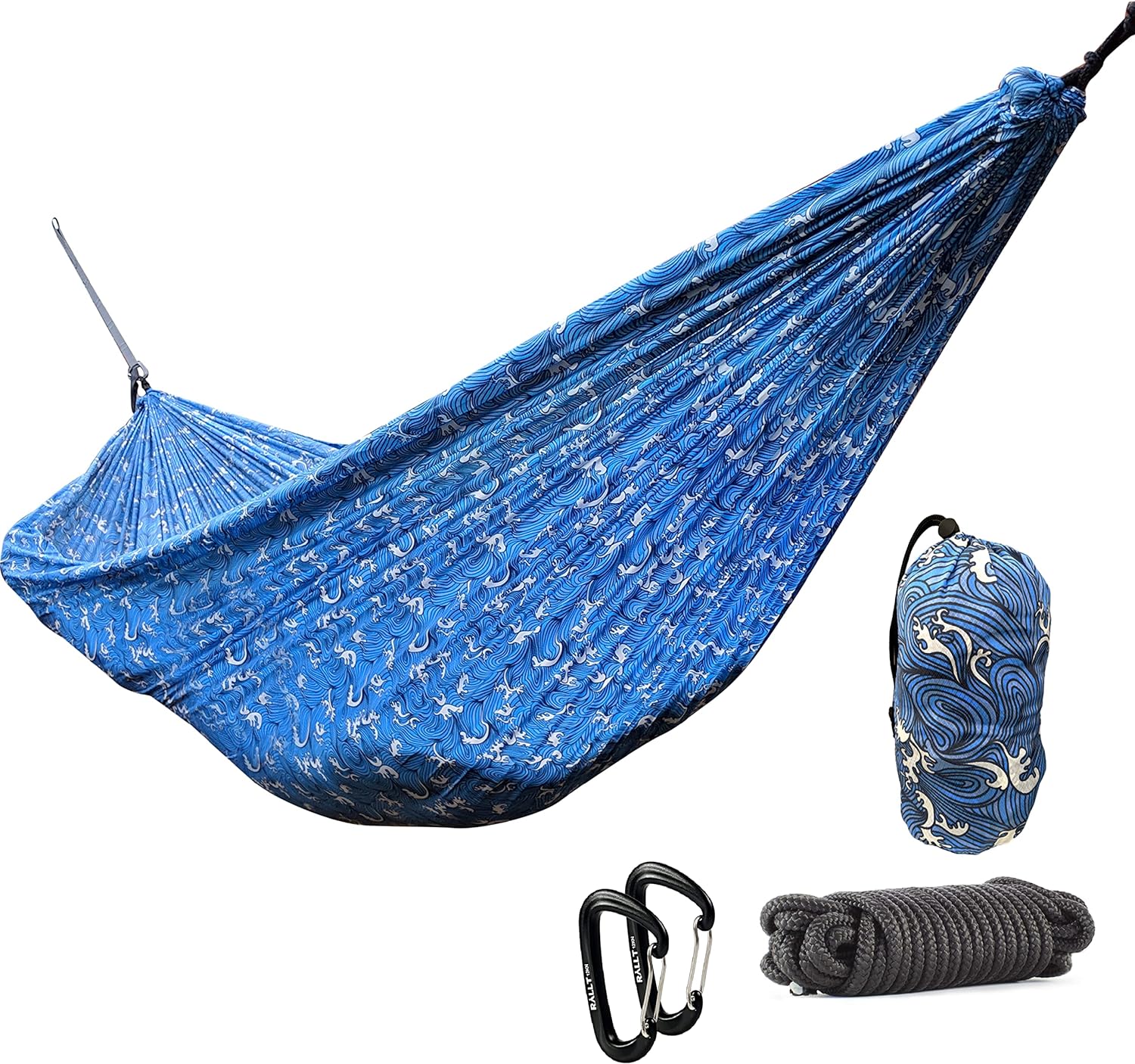 RALLT Camping Hammock & Carabiners - Portable Set Includes Durable Hammock Made w/Ripstop Parachute Nylon, Ultralight 12 kN Carabiners & 20ft of Rope- Outdoor Gear for Hiking, Backpacking & Survival